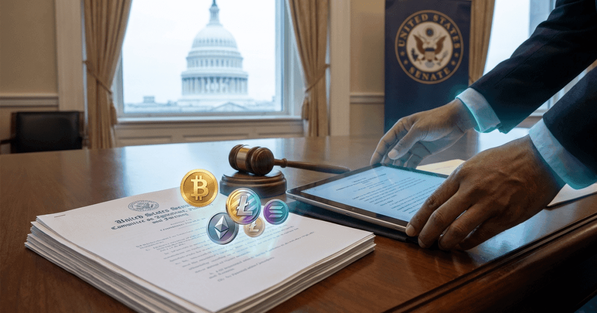 Ilustração editorial sobre altcoins: Senado EUA: Estrutura Para Altcoins Ganha Apoio Democrata