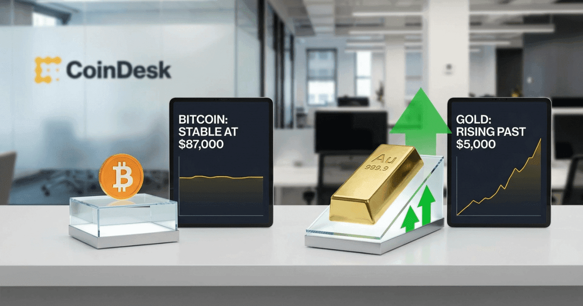 Ilustração editorial sobre bitcoin: Divergência: Bitcoin Estaciona US$ 87K, Ouro Supera US$ 5K