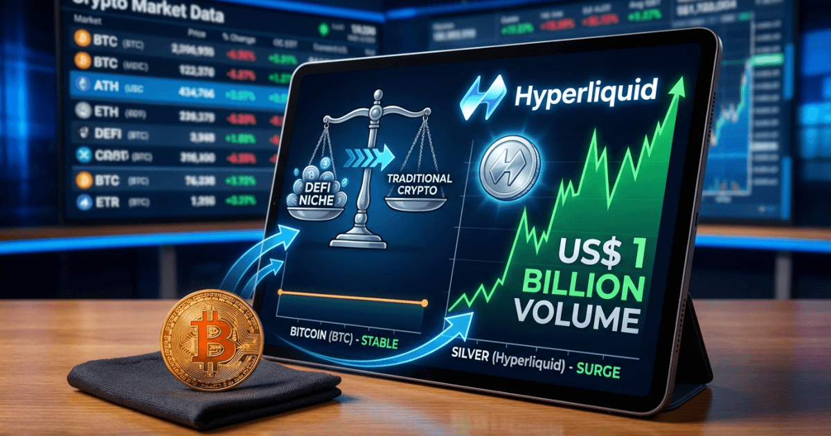Ilustração editorial sobre bitcoin: Bitcoin Estável, Enquanto Silver Hyperliquid Atinge US$ 1 Bi