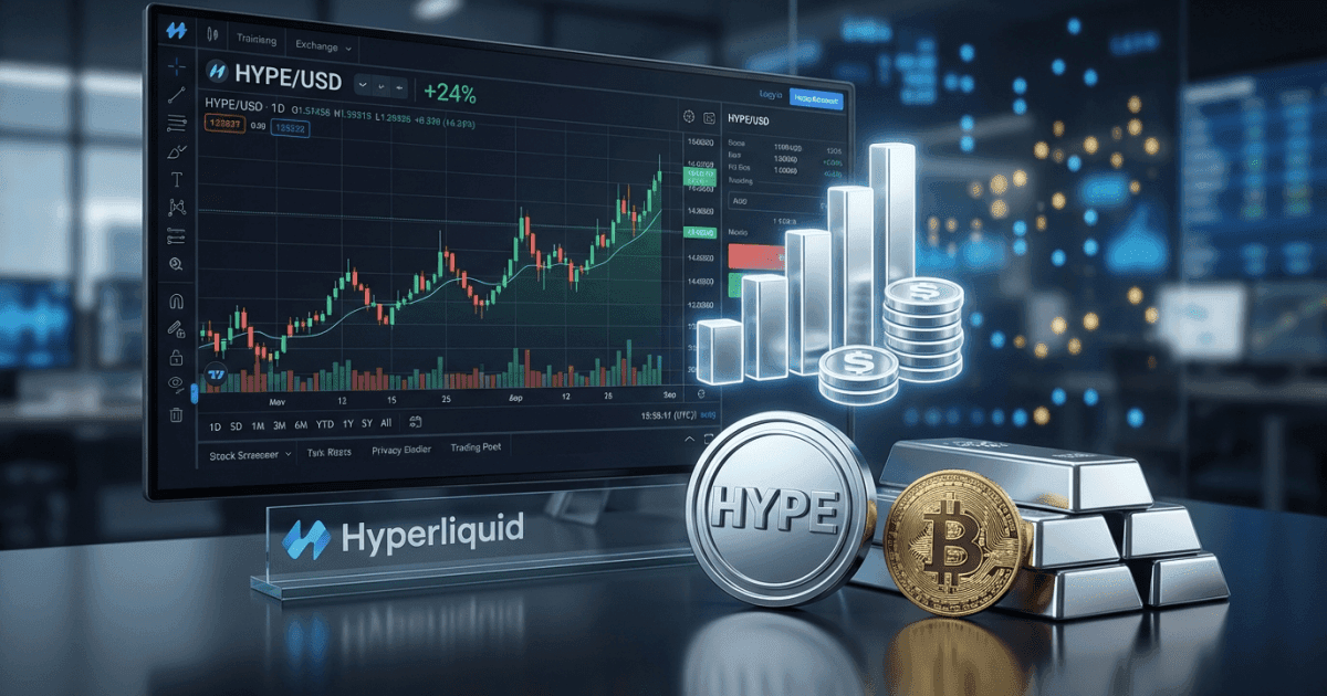 Ilustração editorial sobre altcoins: Altcoin HYPE Valoriza 24% com Prata em Alta na Hyperliquid