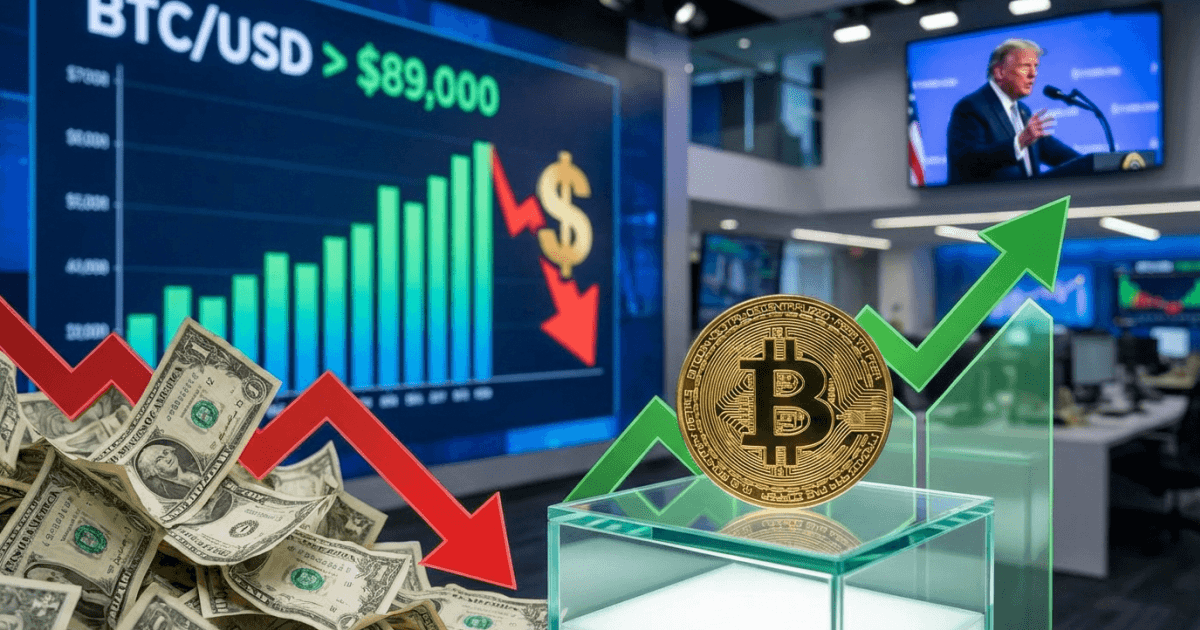 Ilustração editorial sobre bitcoin: Bitcoin Supera US$ 89.000: Dólar Cai Após Fala de Trump