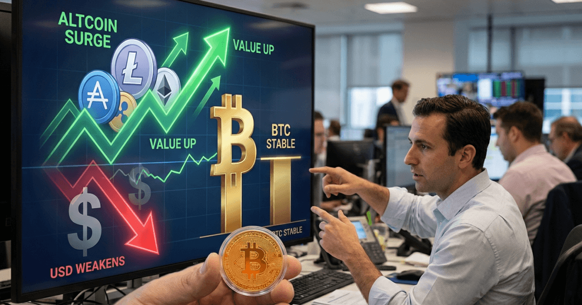 Ilustração editorial sobre altcoins: Altcoins Valorizam Forte com Dólar em Queda e BTC Estável