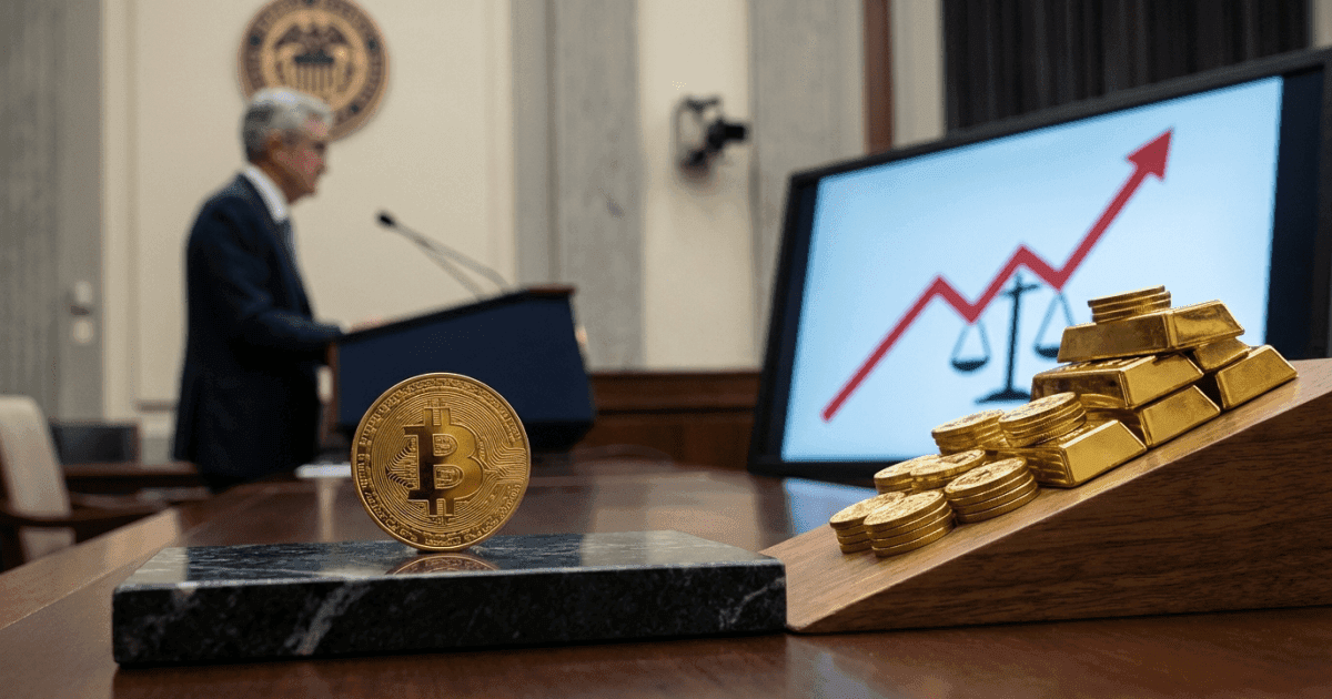Ilustração editorial sobre bitcoin: Bitcoin Estável Enquanto Ouro Dispara Após Falas de Powell