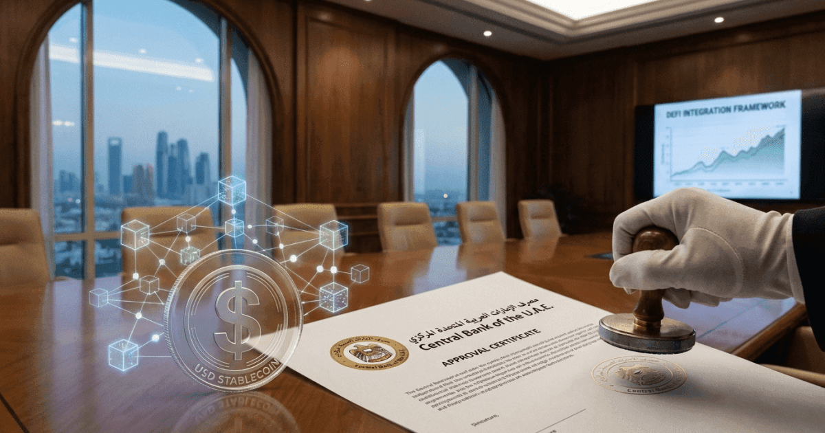 Ilustração editorial sobre regulação: EAU: Banco Central Aprova Stablecoin Dólar, Avanço Para DeFi