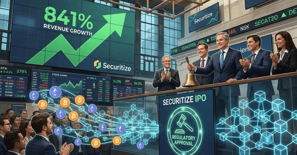 Ilustração editorial sobre regulação: Regulação Aquece: Securitize Anuncia 841% Crescimento e IPO