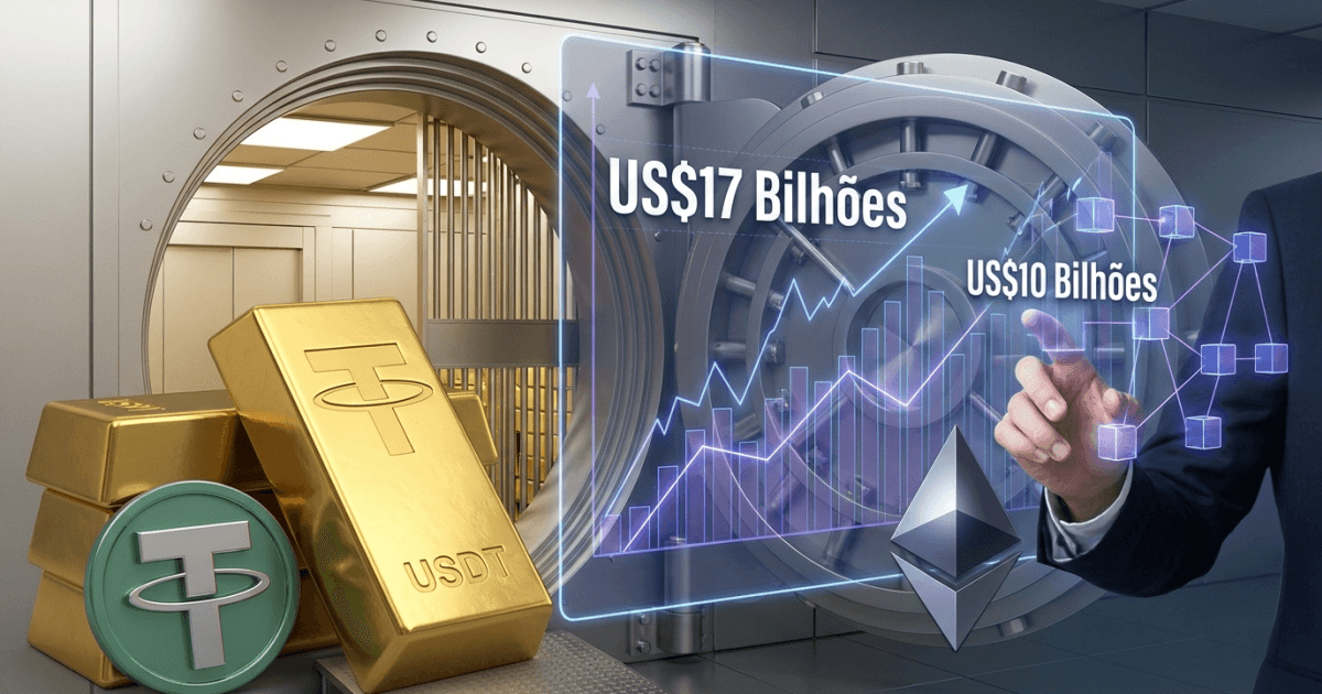Ilustração editorial sobre ethereum: Ethereum e Cripto: Tether Atinge US$17 Bi em Ouro e Lucros Sólidos