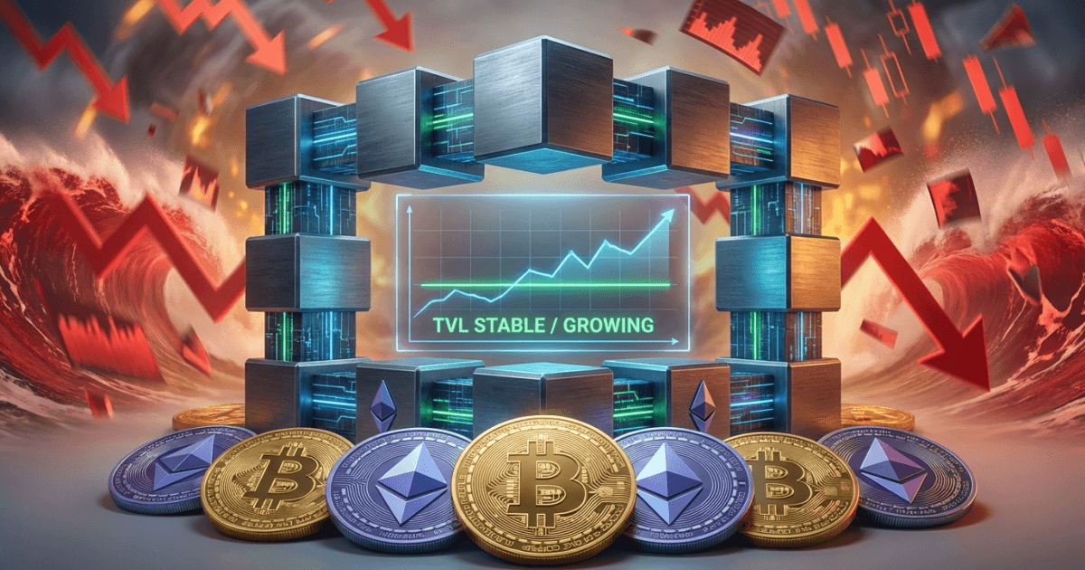 Ilustração editorial sobre defi: DeFi Resiste a Testes do Mercado Cripto e Mantém TVL