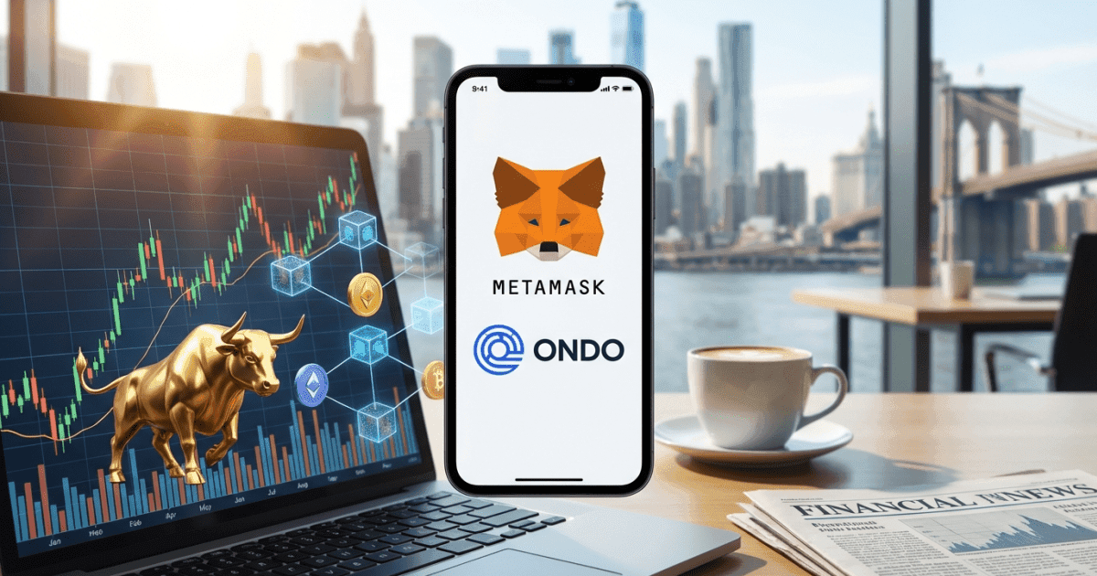 Ilustração editorial sobre altcoins: MetaMask Anuncia Ações Tokenizadas para sua Altcoin via Ondo