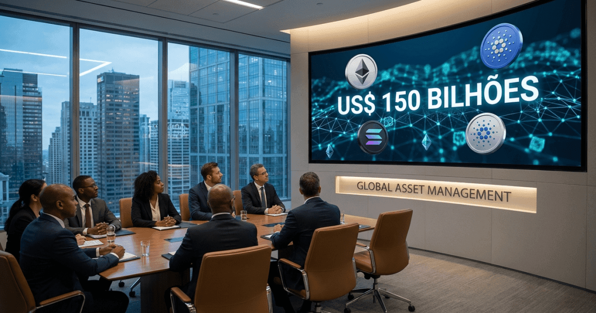 Ilustração editorial sobre altcoins: US$ 150 Bi: Gestora Anuncia Altcoins Essenciais ao Core Business
