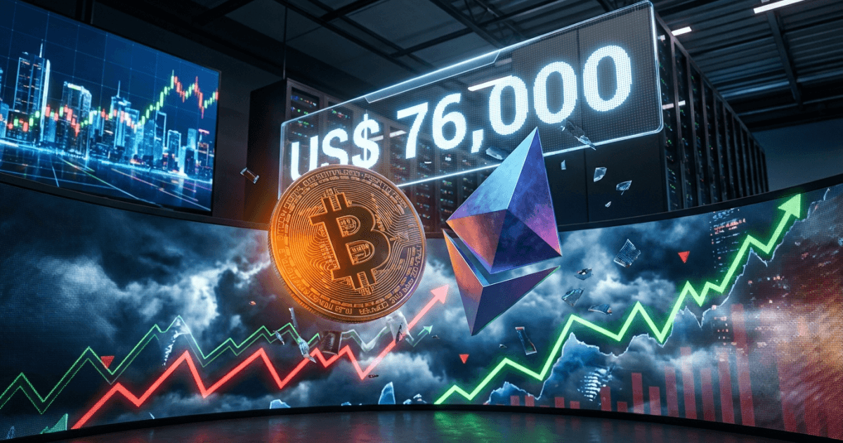 Ilustração editorial sobre ethereum: Ethereum Acompanha Bitcoin Acima de US$ 76K em Alta Volátil