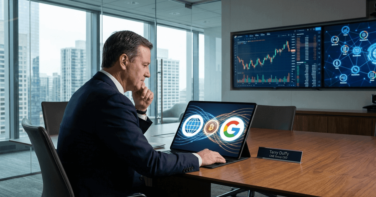 Ilustração editorial sobre altcoins: CME Explora Altcoin Próprio e Dinheiro Tokenizado com Google