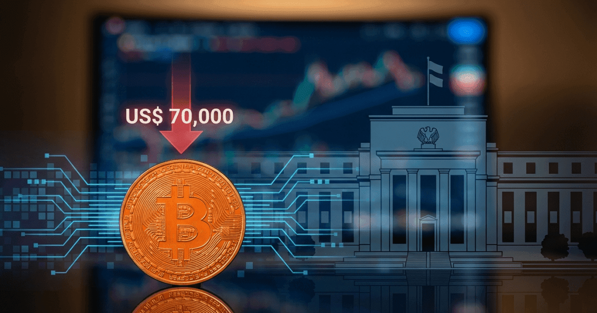 Ilustração editorial sobre bitcoin: Bitcoin Se Aproxima dos US$ 70.000: On-chain e Fed Influenciam
