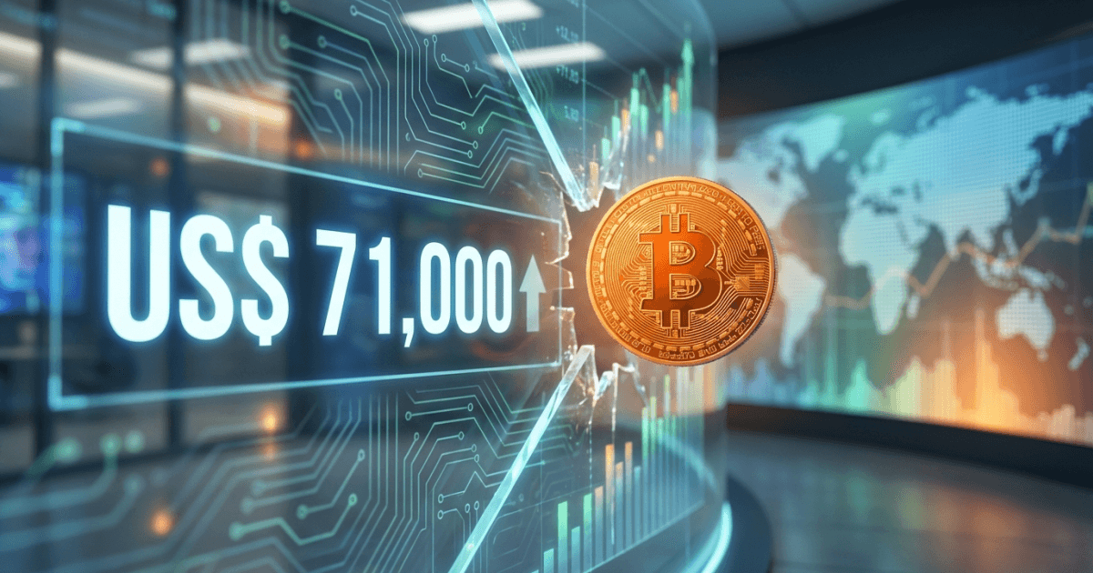 Ilustração editorial sobre bitcoin: Bitcoin Atinge US$ 71.000: Estabilização Tech Impulsiona Alta