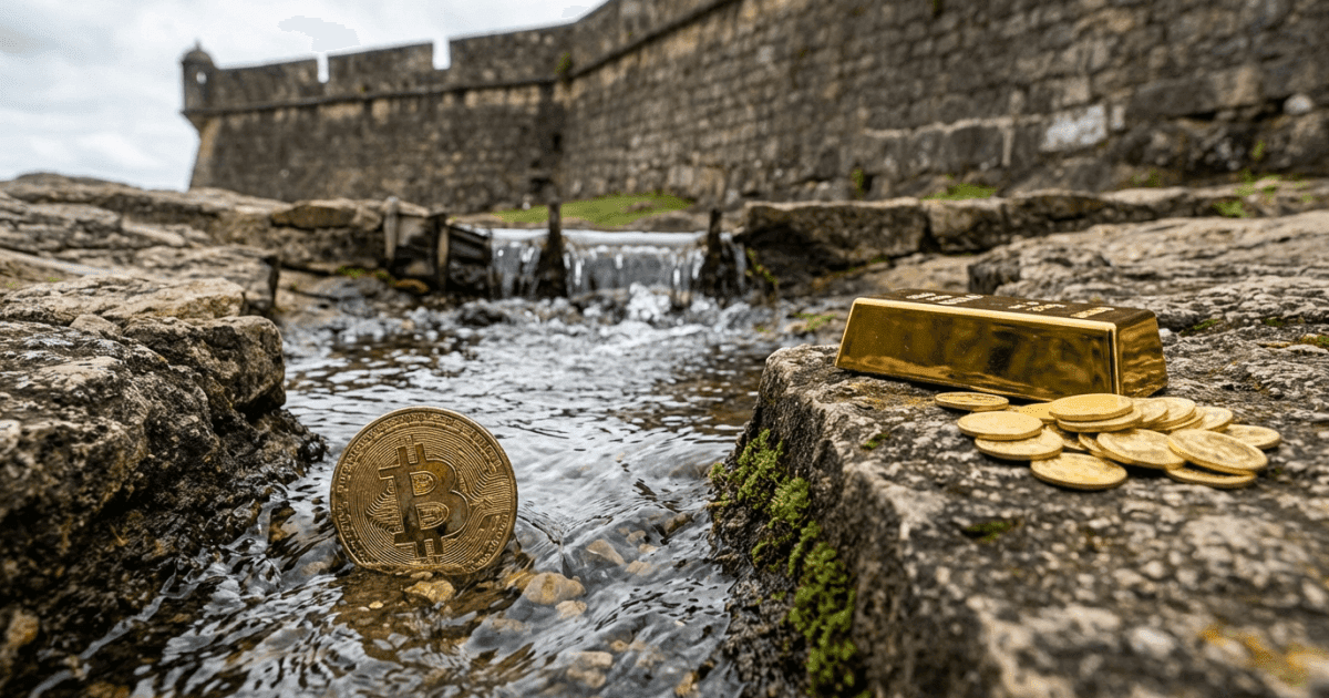 Ilustração editorial sobre bitcoin: Bitcoin Navega Aperto de Liquidez: Sua Distinção do Ouro