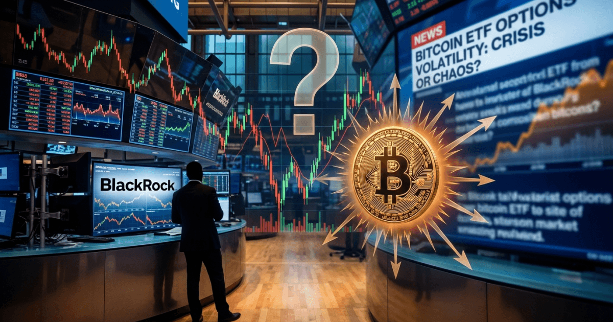 Ilustração editorial sobre regulação: Bitcoin BlackRock ETF: Opções disparam, mercado questiona motivo