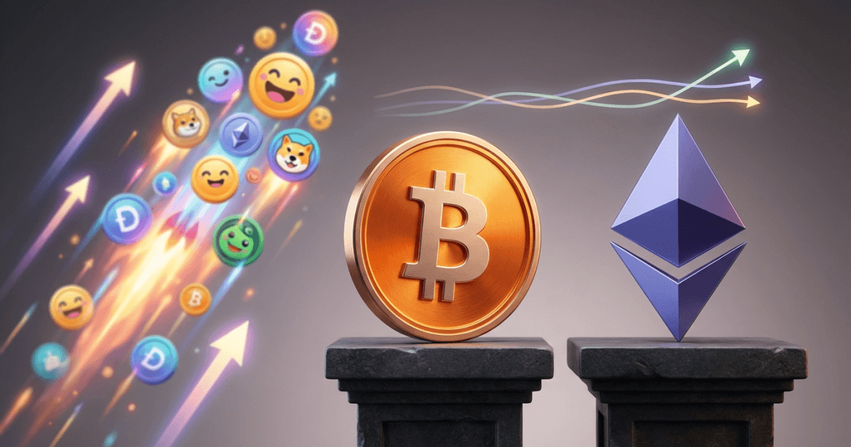 Ilustração editorial sobre altcoins: Altcoins: Memecoins Impulsionam Cripto; Bitcoin e Ethereum Estáveis