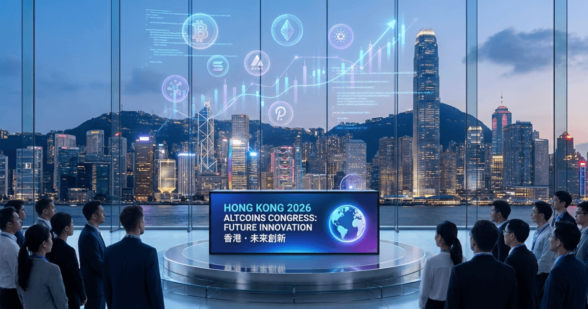 Ilustração editorial sobre altcoins: Altcoins: Evento Hong Kong 2026 Sinaliza Crescimento Contínuo