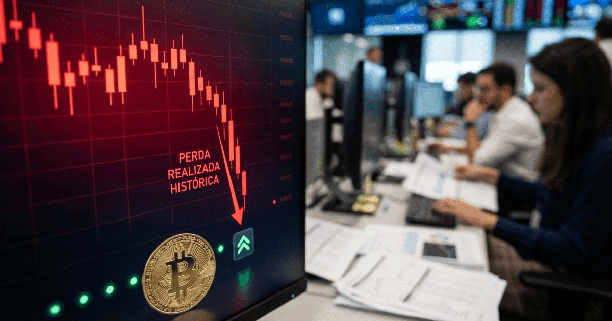 Ilustração editorial sobre altcoins: Bitcoin: Perda Histórica Revela Sinais de Fundo no Mercado