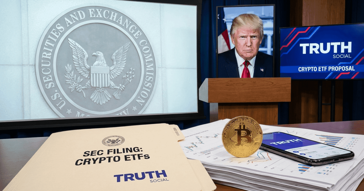 Ilustração editorial sobre regulação: Regulação Cripto: Truth Social (Trump) Busca ETFs na SEC
