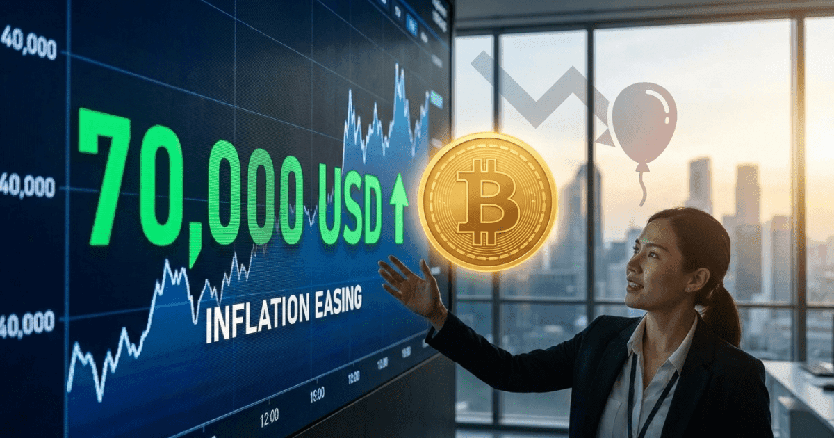 Ilustração editorial sobre bitcoin: Bitcoin Retoma US$ 70.000 com Inflação Mais Branda