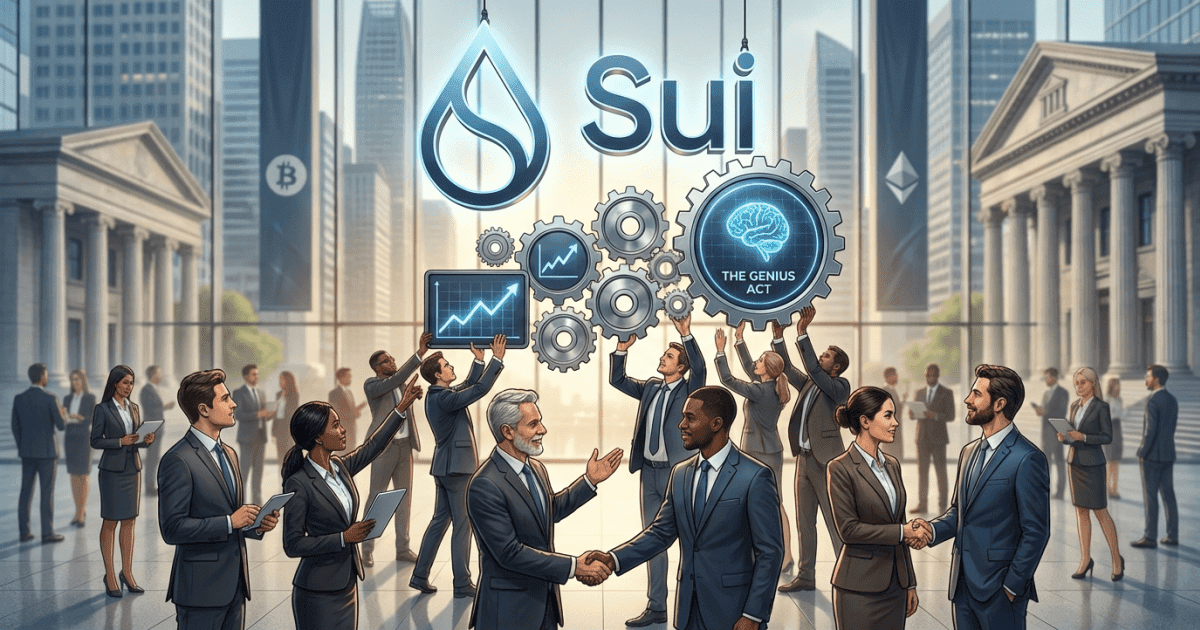 Ilustração editorial sobre altcoins: Altcoin Sui Atinge Demanda Institucional Recorde por 'Genius Act