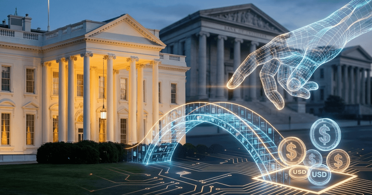 Ilustração editorial sobre defi: DeFi: Casa Branca Impulsiona Stablecoins e Pressiona Bancos