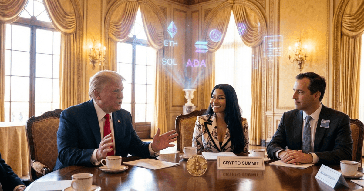 Ilustração editorial sobre altcoins: Altcoins Ganham Destaque em Cúpula Cripto Inusitada de Trump