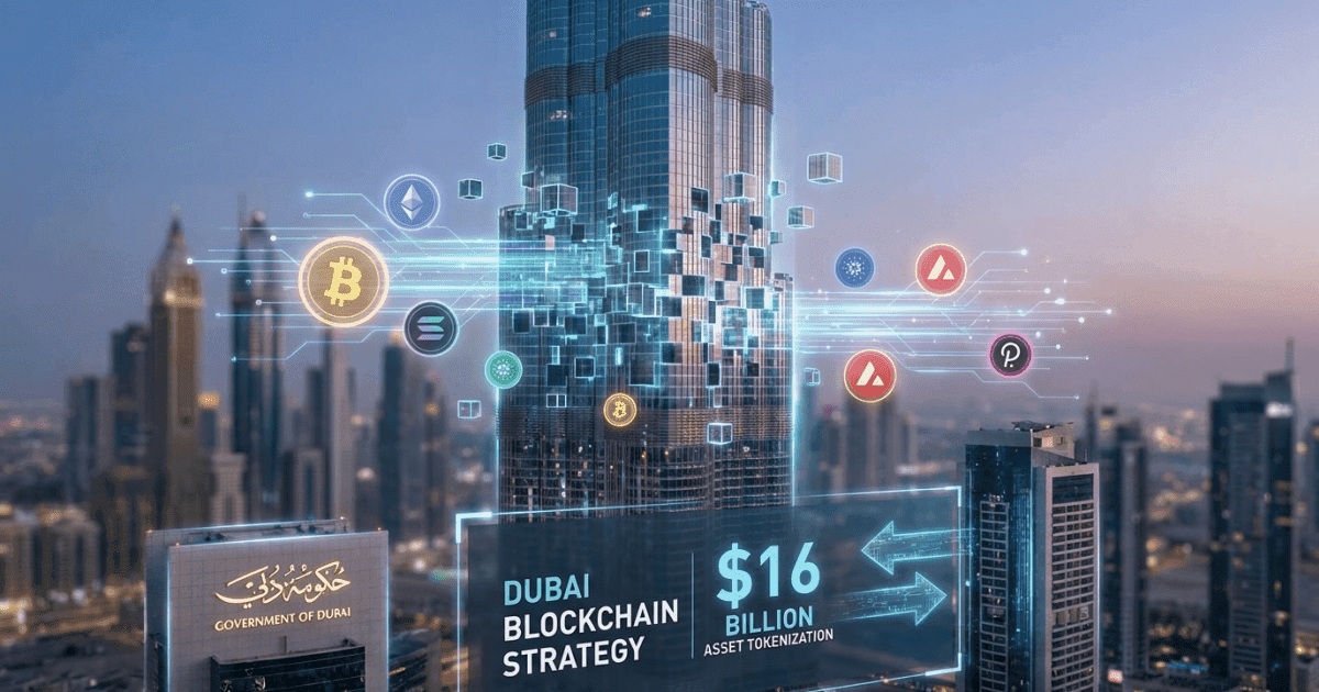 Ilustração editorial sobre altcoins: Altcoin: Dubai Avança $16 Bi em Tokenização Imobiliária Instantânea