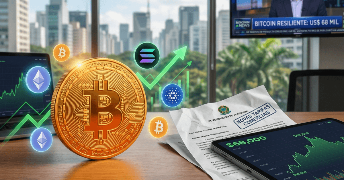 Ilustração editorial sobre altcoins: Altcoins Lideram Alta: Bitcoin Atinge US$ 68K Ignorando Tarifas