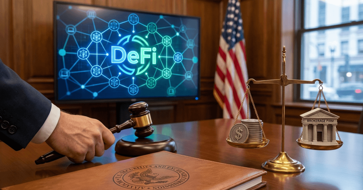 Ilustração editorial sobre defi: DeFi: SEC Modifica Tratamento de Stablecoins para Corretoras