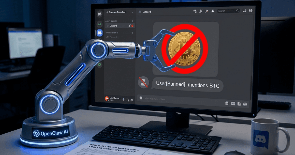 Ilustração editorial sobre regulação: Regulação Cripto: IA OpenClaw Restringe Menções no Discord