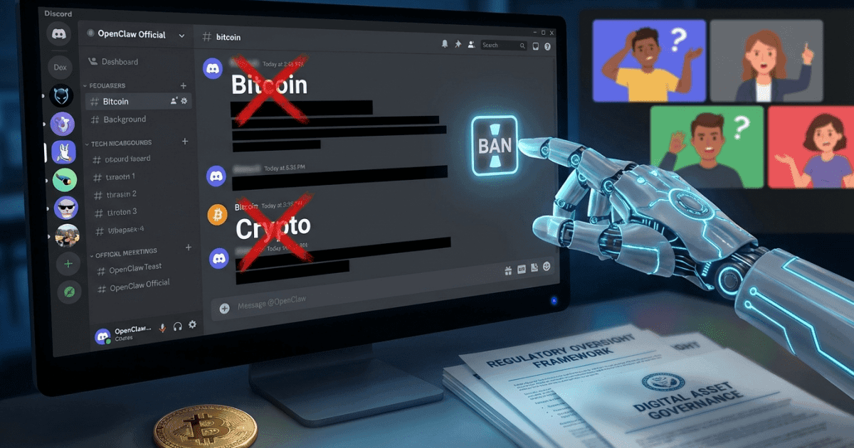 Ilustração editorial sobre regulação: Regulação e Censura: AI Banea 'Bitcoin' de Discord, Gera Debate
