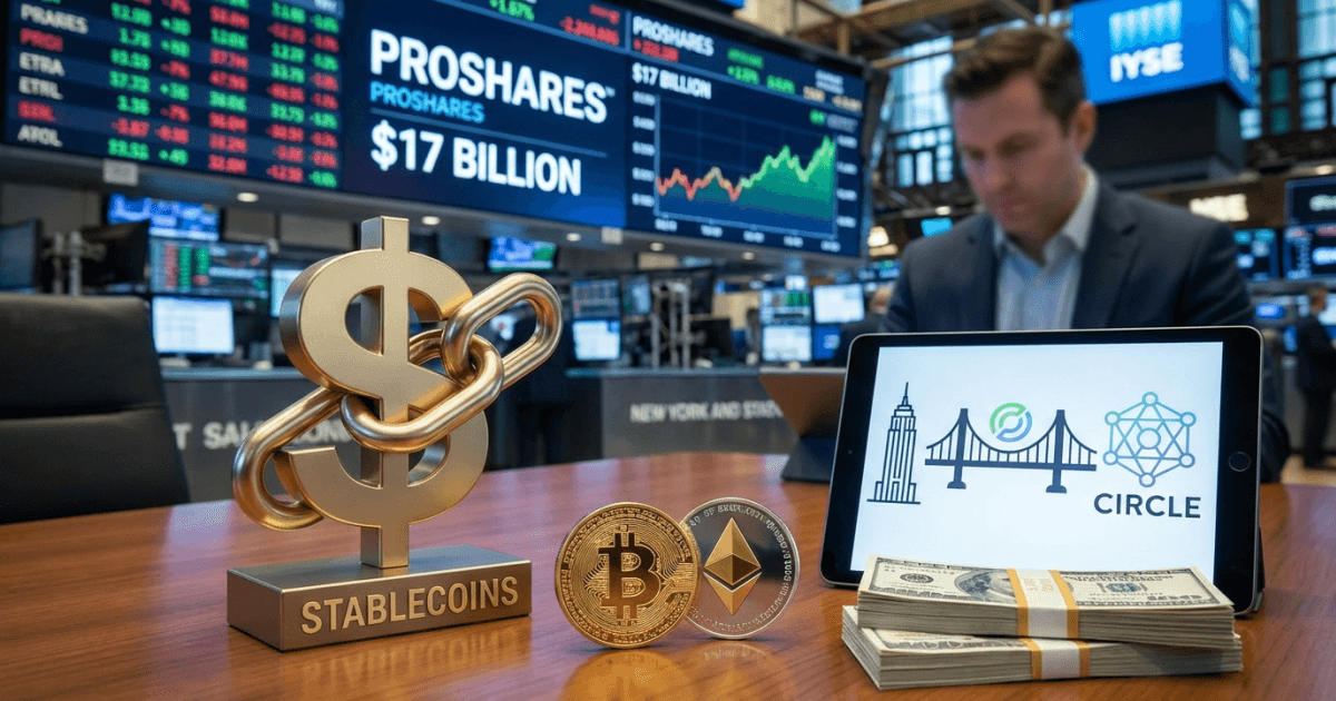 Ilustração editorial sobre defi: DeFi: ETF de Stablecoins da ProShares Lança com US$ 17 Bilhões