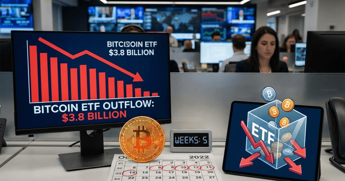 Ilustração editorial sobre bitcoin: Bitcoin: ETFs Acumulam Saída Recorde de US$ 3,8 Bi