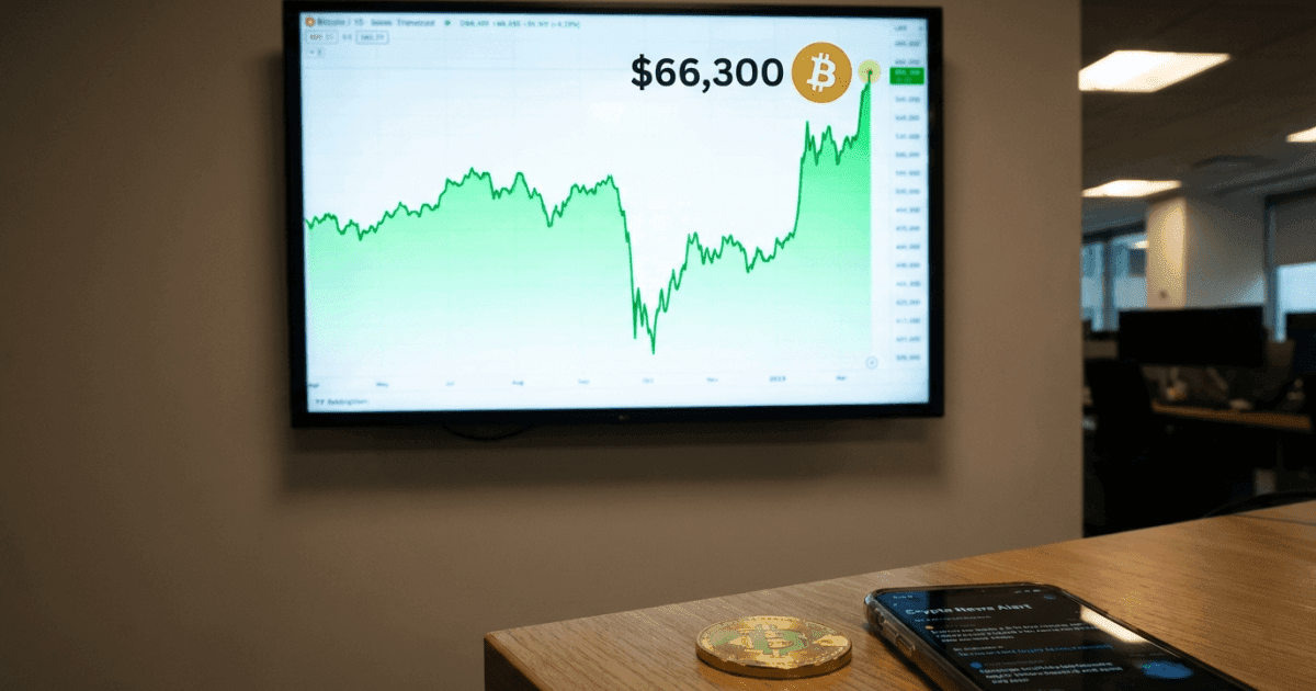 Ilustração editorial sobre bitcoin: Bitcoin Atinge US$ 66.300 em Recuperação Pós-Recuo Noturno