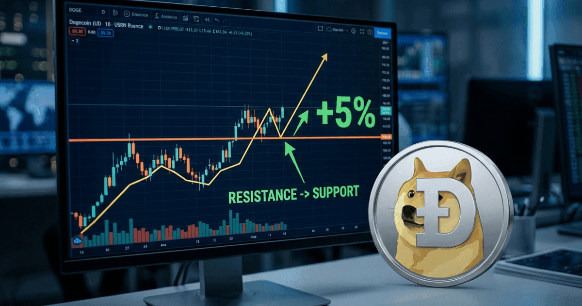 Ilustração editorial sobre altcoins: Altcoin DOGE: Salto de 5% Transforma Resistência em Suporte