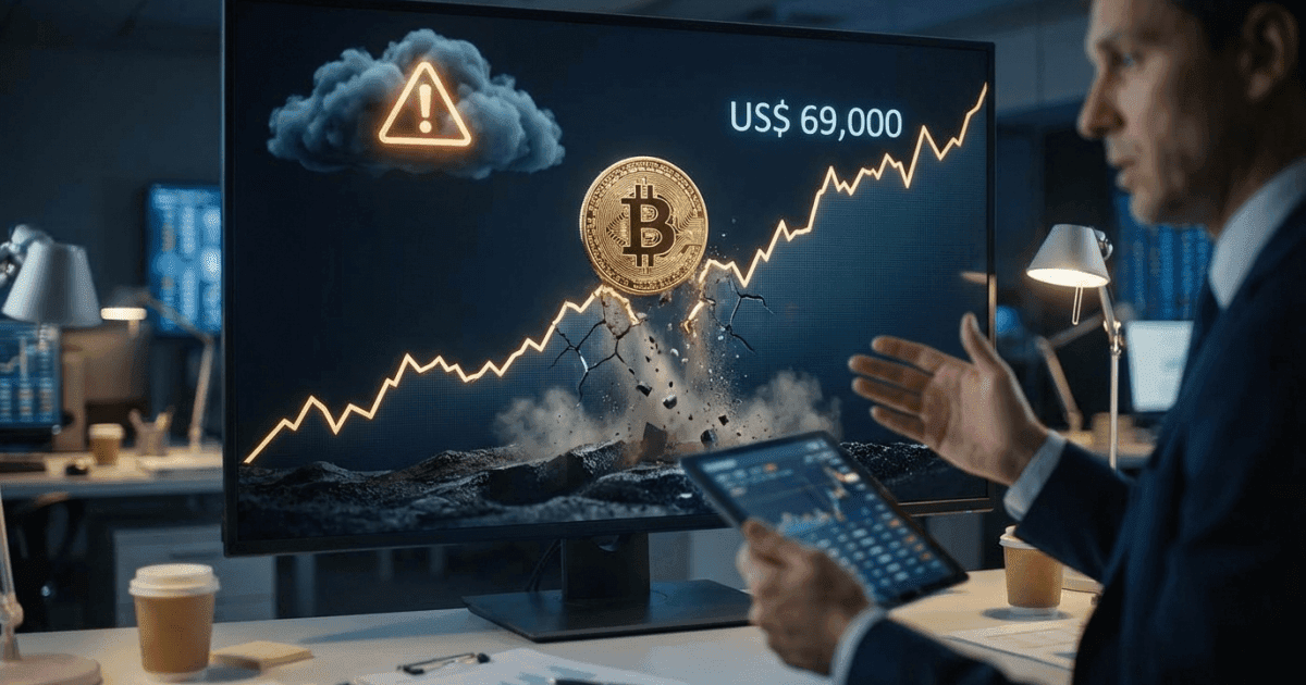 Ilustração editorial sobre bitcoin: Bitcoin Atinge US$ 69.000, Mas Analistas Alertam Instabilidade