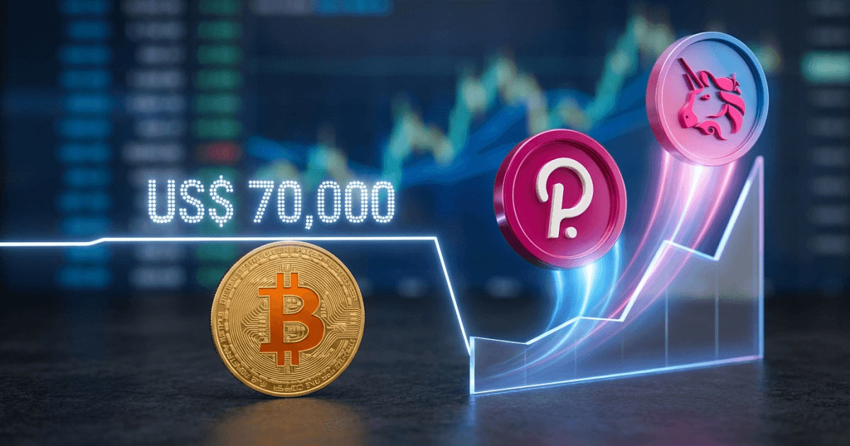 Ilustração editorial sobre altcoins: Altcoins Ganham Destaque: DOT e UNI Lideram Enquanto BTC Consolida