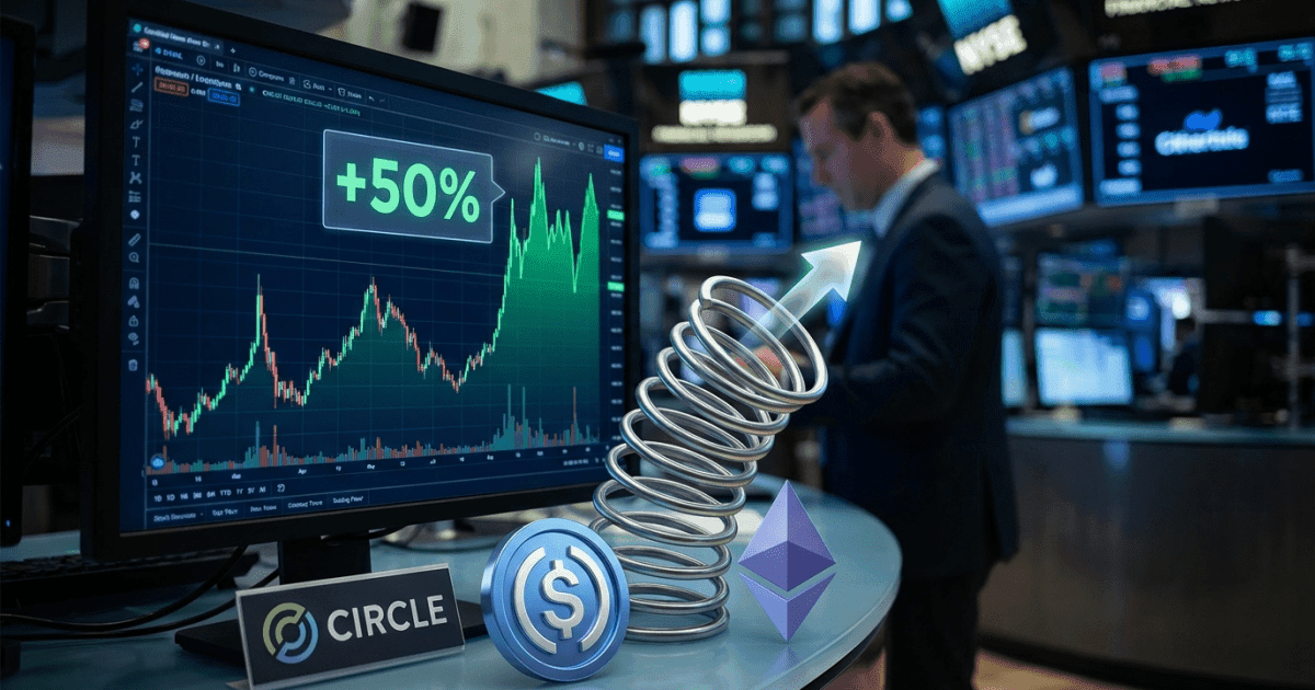 Ilustração editorial sobre ethereum: Ethereum: Ações da Circle Sobe 50% por Short Squeeze