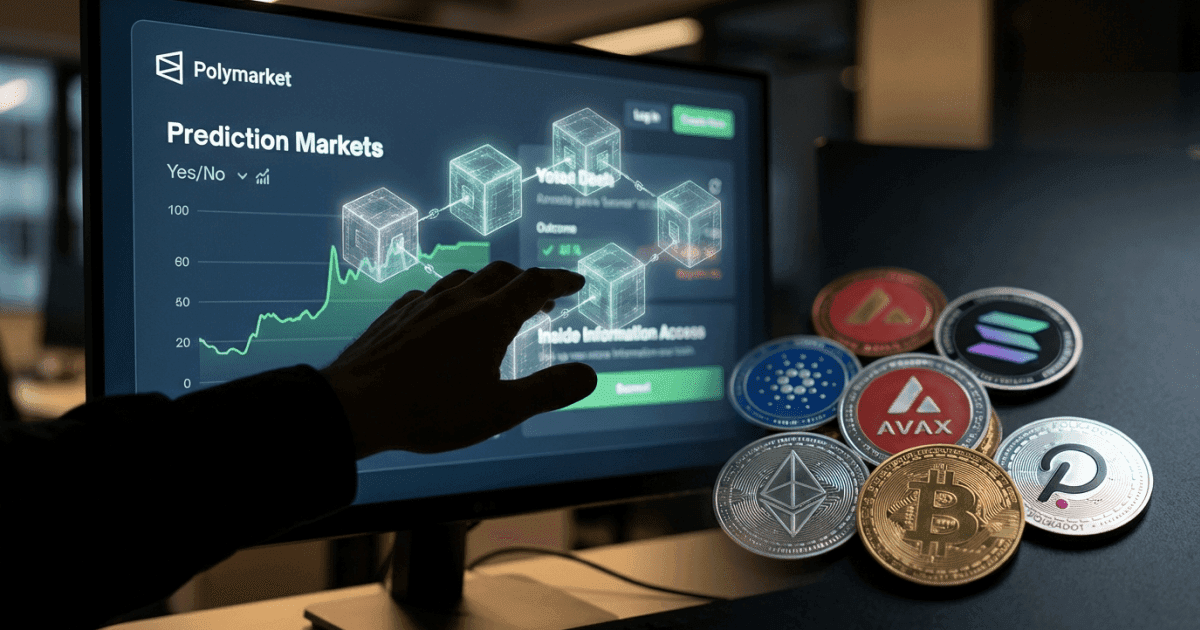 Ilustração editorial sobre altcoins: Altcoin Polymarket: Insider Trading Agita Plataforma Anti-Fraude