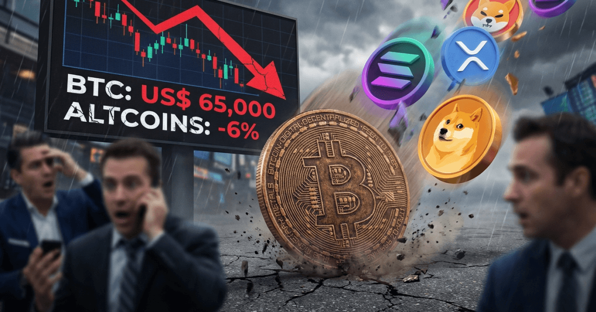 Ilustração editorial sobre altcoins: Altcoins Sentem Impacto com Bitcoin a US$ 65K; Queda Generalizada