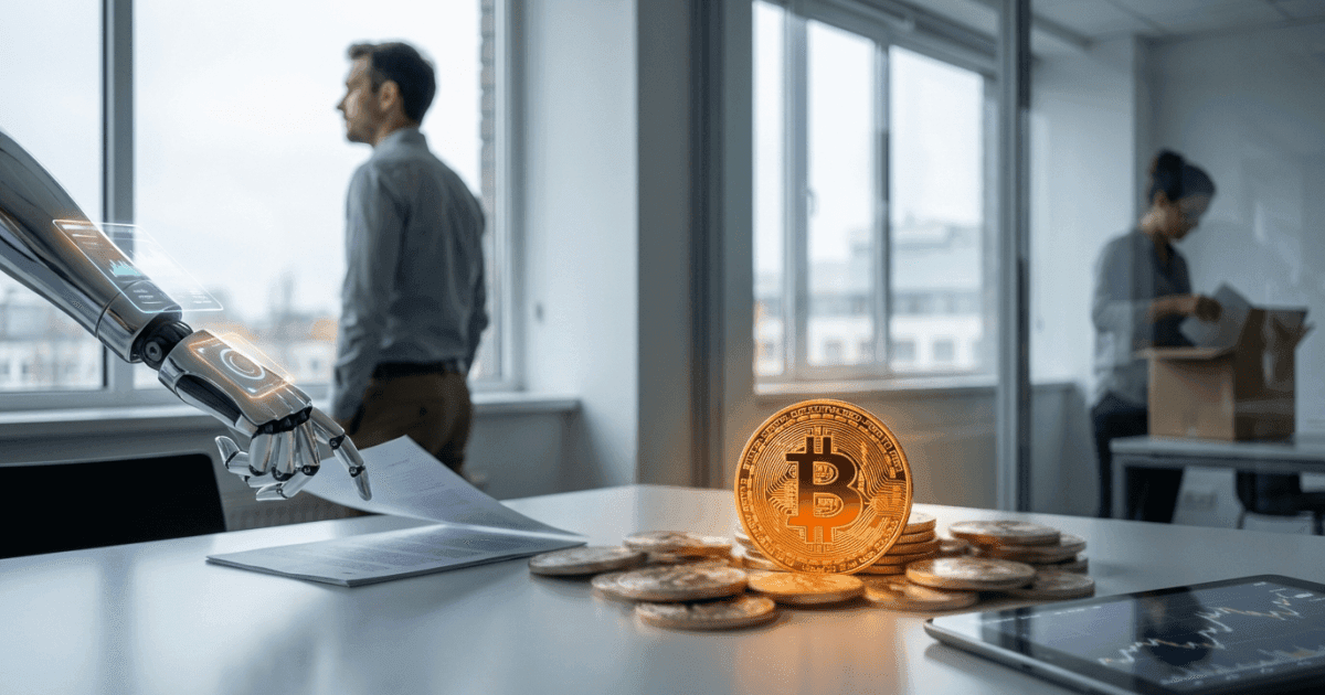 Ilustração editorial sobre bitcoin: Bitcoin e IA: A Automação de Empregos Revela Nova Demanda