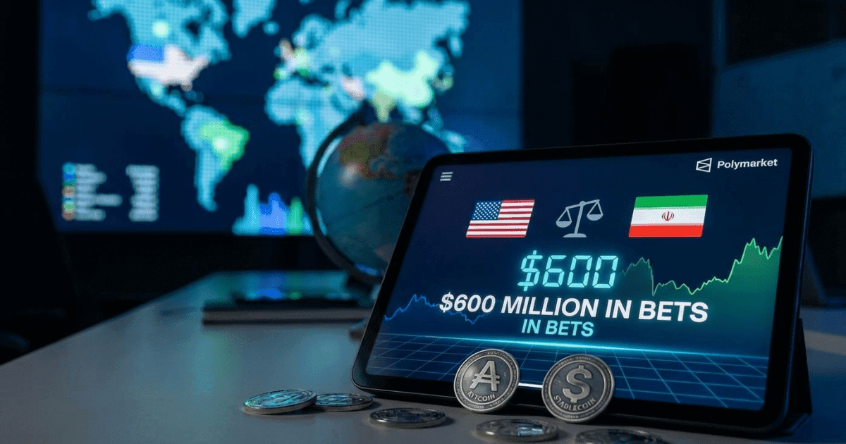 Ilustração editorial sobre altcoins: Altcoin: Polymarket Atinge US$ 600 Mi em Apostas Geopolíticas