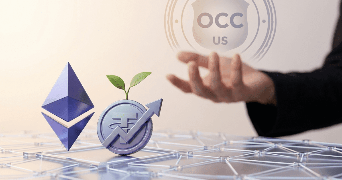 Ilustração editorial sobre ethereum: Ethereum: OCC Sinaliza Não Proibir Yield de Stablecoins DeFi