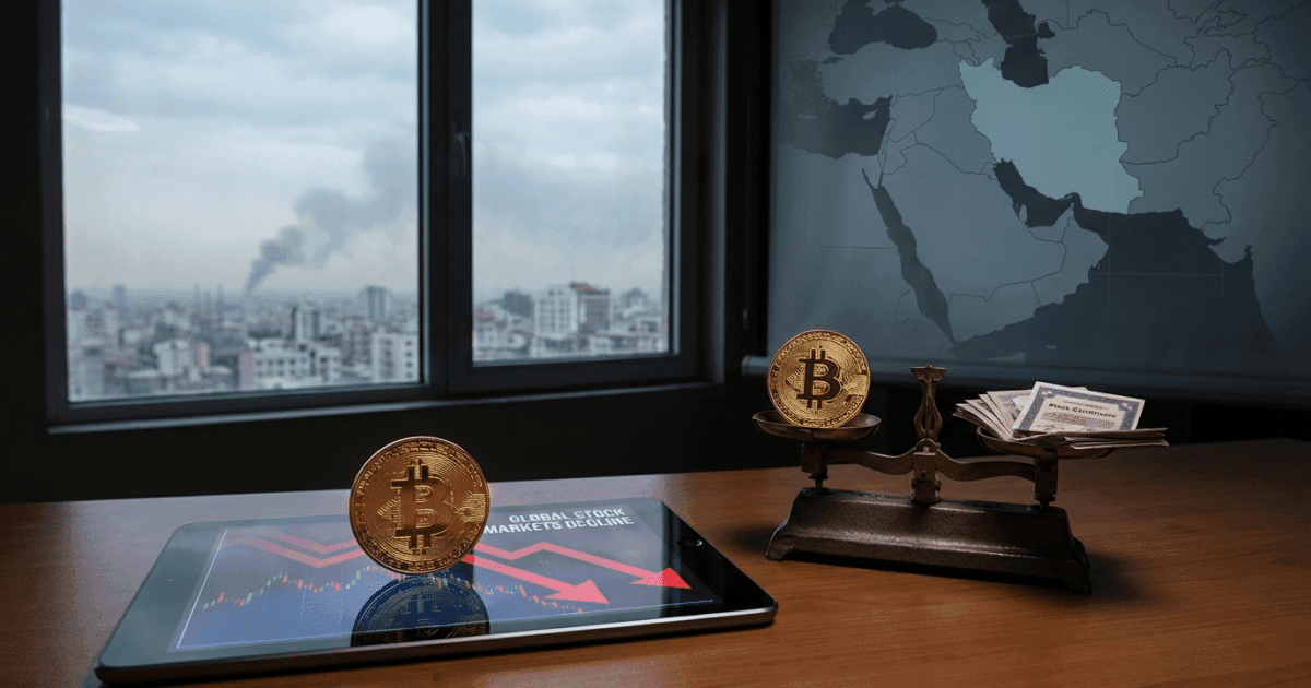 Ilustração editorial sobre bitcoin: Bitcoin Supera Ações em Meio a Conflito e Aversão ao Risco