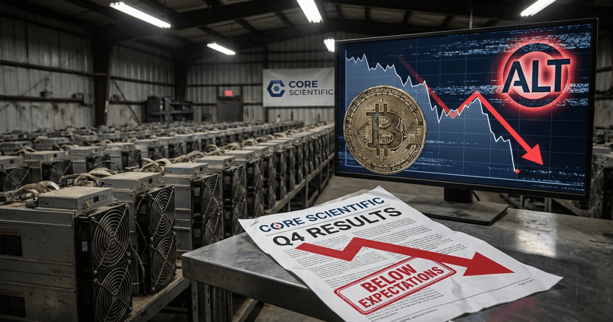 Ilustração editorial sobre altcoins: Core Scientific Revela Q4 Fraco; Altcoin e Bitcoin Reagem