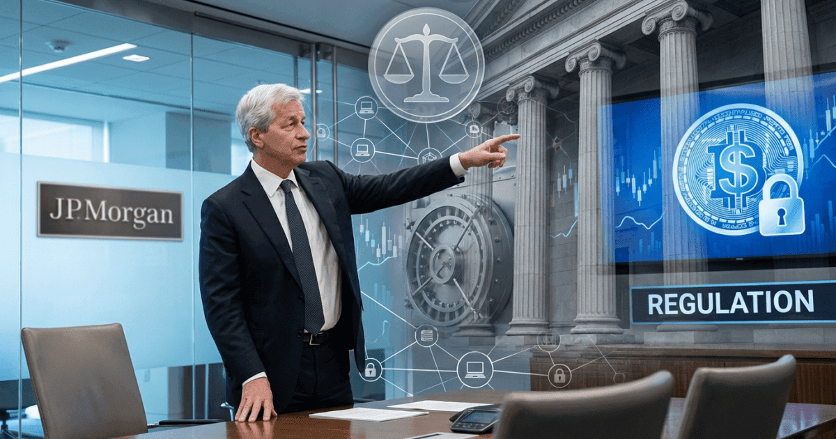 Ilustração editorial sobre defi: DeFi: CEO do JP Morgan Pede Regulação Bancária para Stablecoins