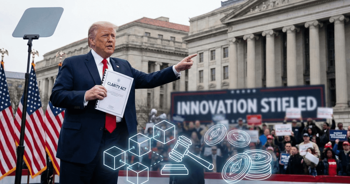 Ilustração editorial sobre regulação: Regulação: Trump Apoia Clarity Act e Acusa Bancos na Cripto