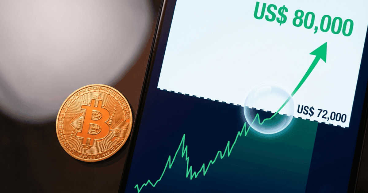 Ilustração editorial sobre bitcoin: Bitcoin: "Bolha de Ar" Acima de US$ 72.000 Aponta US$ 80.000
