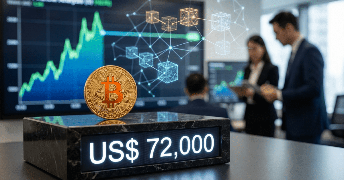 Ilustração editorial sobre bitcoin: Bitcoin Consolida Acima de US$ 72K: Mercado Cripto Estável